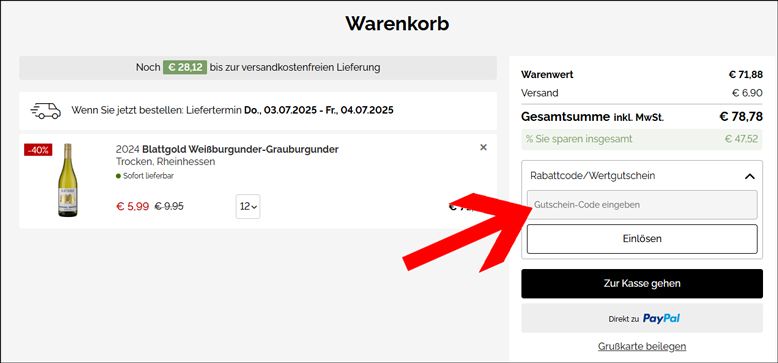 Gutscheincode im Warenkorb einlösen Hawesko Gutschein einfach im Warenkorb aktivieren
