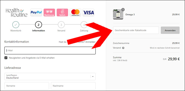 Gutscheincode im Laufe der Bestellung einlösen Health Routine Rabattcode im Laufe der Bestellung einlösen