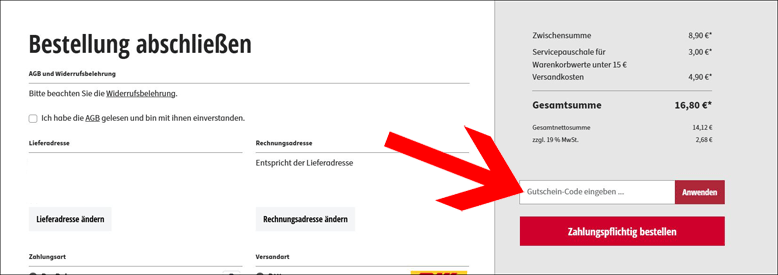Gutschein-Code im Bestellprozess eingeben Heimwerkertools Gutschein im letzte Bestellschritt einlösen