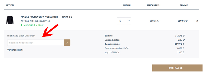 Gutscheincode kann im Warenkorb eingelöst werden Hemden.de Gutschein im Warenkorb einlösen
