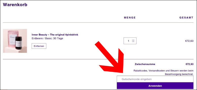 Hier kannst du deinen Code im Warenkorb eingeben Der her1 Rabattcode kann im Warenkorb angewendet werden