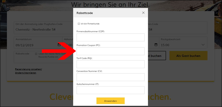 Deinen Gutscheincode gibst du hier ein Hertz Gutschein in der Suchmaske einlösen