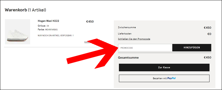 Den Hogan Gutscheincode im Warenkorb einlösen Den Hogan Gutschein im Warenkorb einlösen