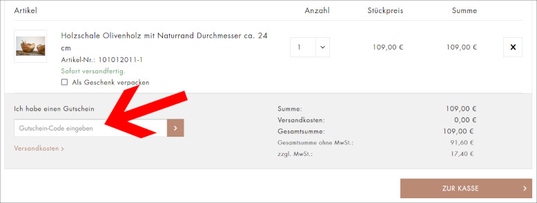 Deinen Holz-Leute Gutschein kannst du direkt im Warenkorb einlösen Den Holz-Leute Gutscheincode im Warenkorb eingeben
