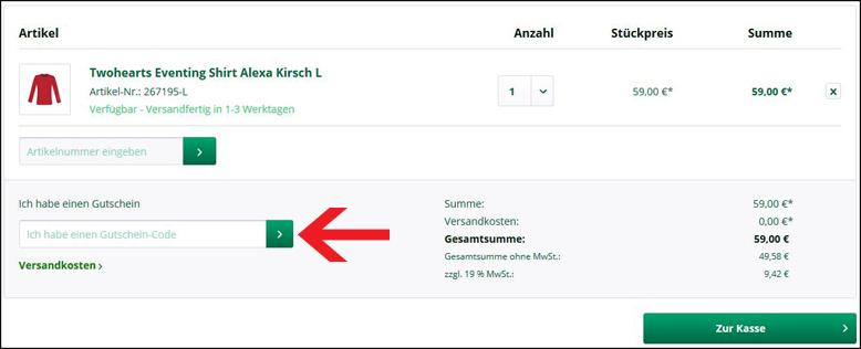 Deinen Horse & Rider Gutschein im Warenkorb einlösen Gib deinen Horse & Rider Gutschein im Warenkorb ein