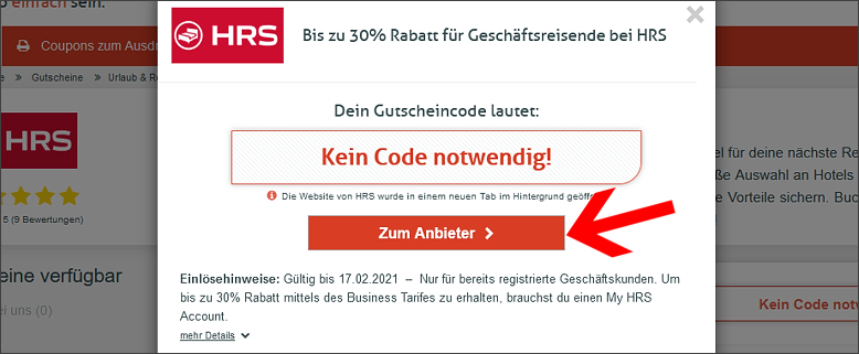 Auf den Coupon klicken, um zur Aktion zu gelangen So löst du deinen HRS Gutschein ein