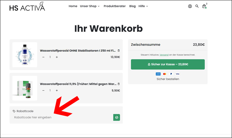 Rabattcode im Warenkorb eingeben HS Activa Gutscheincode im Warenkorb eingeben