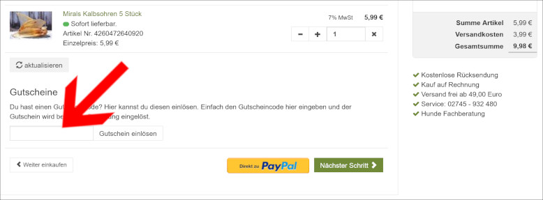 Deinen Hundeshop.de Gutschein kannst du direkt im Warenkorb einlösen Den Hundeshop Gutschein im Warenkorb einlösen
