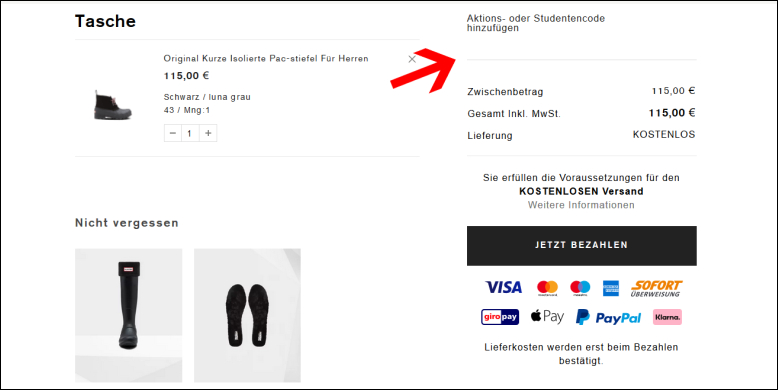Deinen Gutschein kannst du hier anwenden Profitiere von deiner Hunter Aktion direkt im Warenkorb