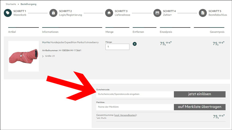 Den Hurtta Rabattcode im Warenkorb anwenden