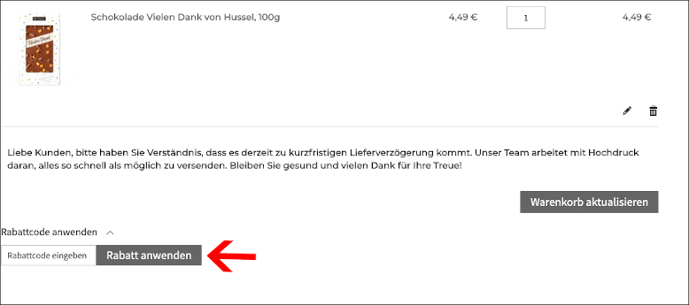 Trage hier den Rabattcode ein HUSSEL Gutschein im Warenkorb einlösen