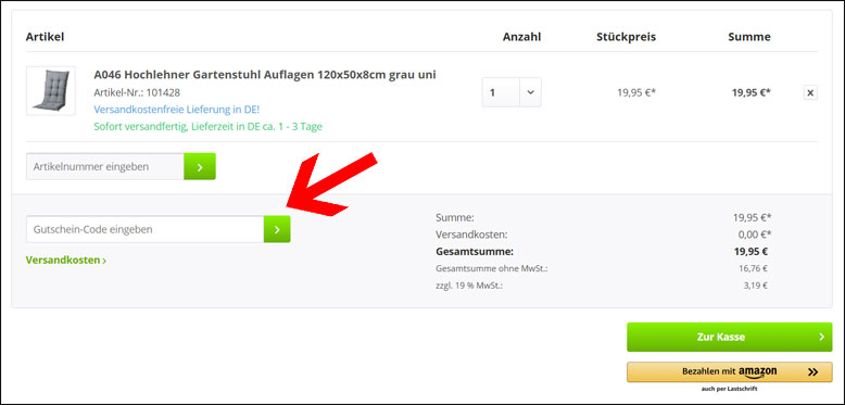 Code im Warenkorb eingeben Den ich will gartenmöbel Rabattcode im Warenkorb einfügen