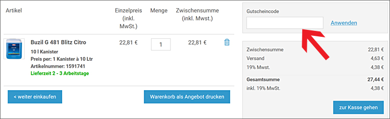 Gib den idealclean Gutscheincode hier ein Einen idealclean Gutschein bitte im Warenkorb einlösen