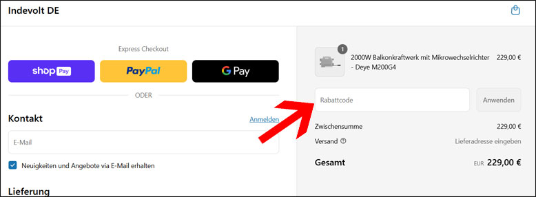 Code an der Kasse eingeben Den Indevolt Rabattcode an der Kasse einfügen
