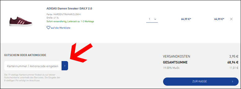 Intersport Gutscheincode im Warenkorb einlösen Intersport Gutschein einltragen