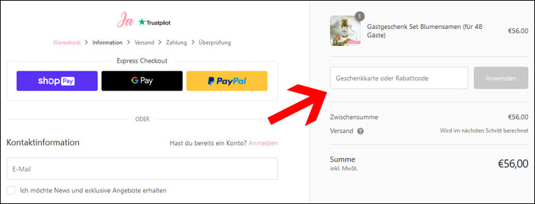 Verwende den Ja-Hochzeitsshop Rabattcode im Bestellprozess Den Ja-Hochzeitsshop Gutschein aktivierst du im Bestellvorgang