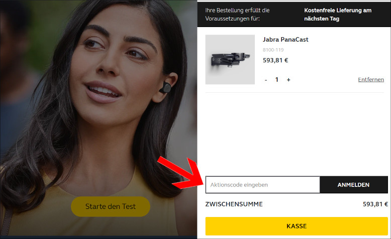 Deinen Jabra Gutschein löst du im Warenkorb ein Den Jabra Gutschein Code im Warenkorb anwenden
