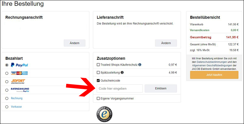Hier den Code eingeben Dre JACOB Gutschein kann bei den Zusatzoptionen eingetragen werden
