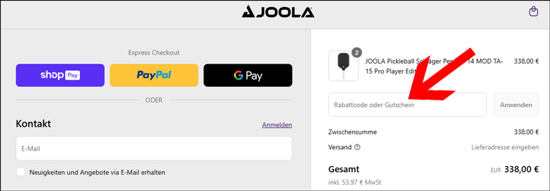 Gutscheincode im Warenkorb einlösen JOOLA Rabattcode im Warenkorb eintragen