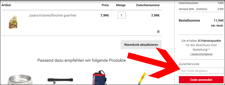 Den Code hier eingeben Josera Gutschein im Warenkorb anwenden