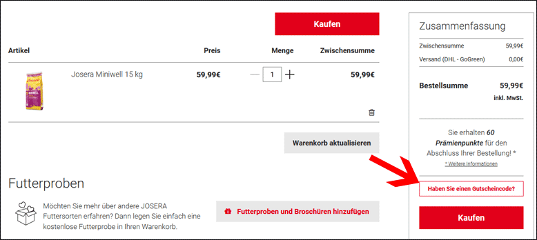 Den Code hier eingeben Josera Gutschein im Warenkorb anwenden