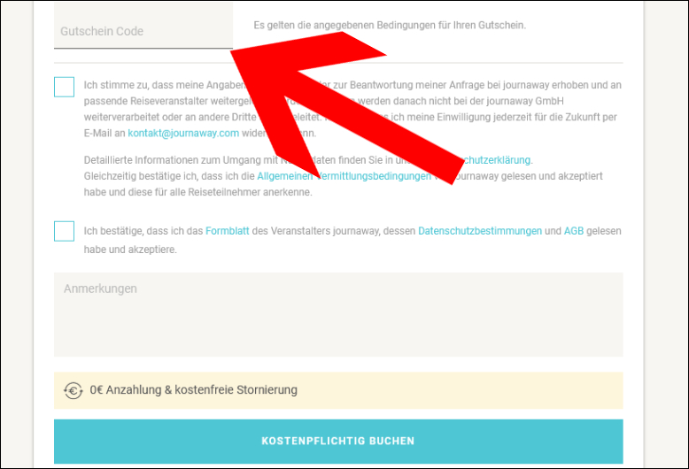 Code hier eingeben journaway Gutschein im letzten Buchungsschritt einlösen