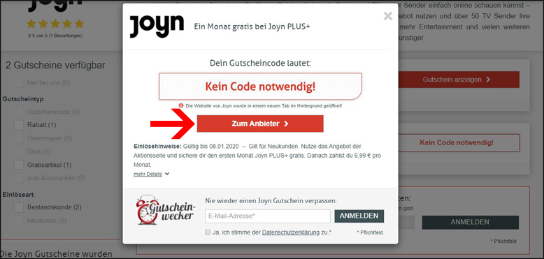 Klicke auf deinen Coupon, um zur Aktion zu gelangen Aktiviere deinen Joyn Gutschein über unseren Coupon