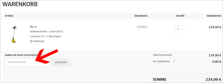 Deinen Kärcher Rabattcode gibst du im Warenkorb ein Den Kärcher Gutschein im Warenkorb verwenden