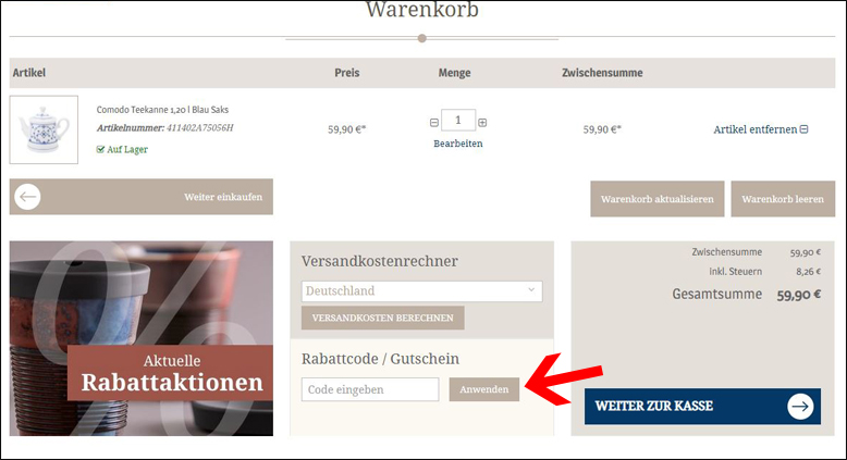 Gutscheincode hier eingeben Kahla Gutschein im Warenkorb einlösen
