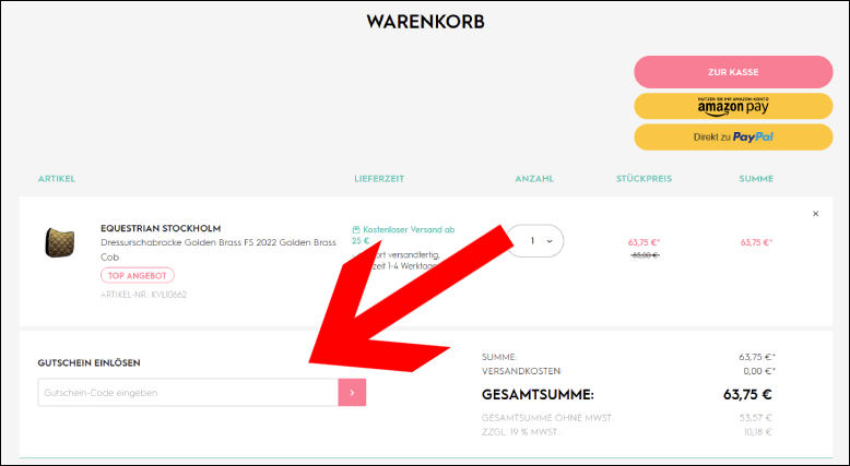 Kavalio Gutscheincode im Warenkorb anwenden Kavalio Rabatt Code im warenkorb einlösen