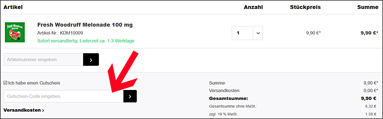 Den KDM-Liquids Gutscheincode im Warenkorb eingeben Ein KDM-Liquids Gutschein wird im Warenkorb eingelöst