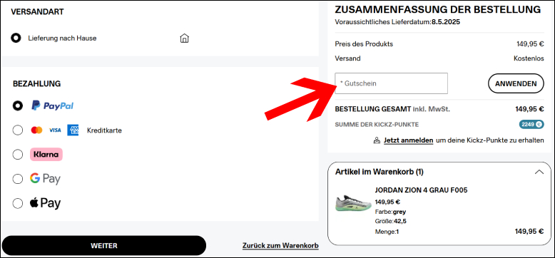Gutschein im Warenkorb anwenden KICKZ Rabattcode im Warenkorb eingeben