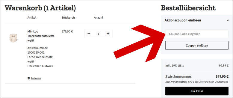 Hier fügst du deinen Gutscheincode ein Den Kildwick Coupon im Warenkorb einlösen