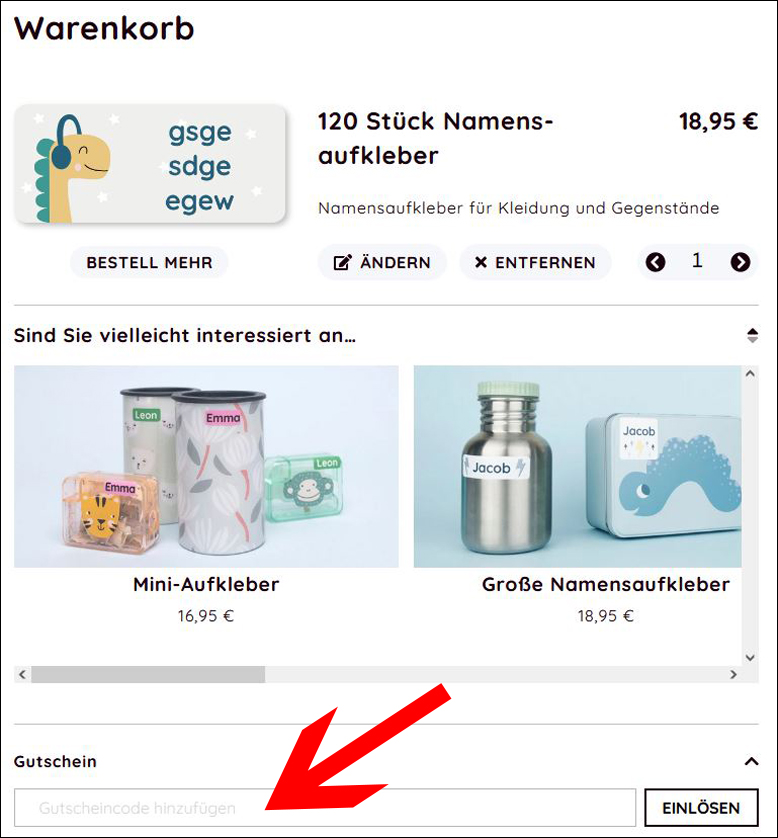 Hier gibst du deinen Rabattcode ein Löse deinen Kleberli Gutschein im Warenkorb ein