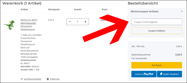 Coupon-Code hier eingeben Klemmshop Gutschein im Warenkorb einlösen