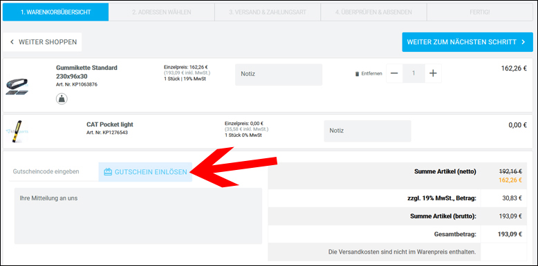 Code hier einlösen Klickparts Gutscheincode im Warenkorb eingeben