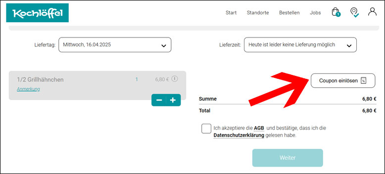 Code im Warenkorb eingeben Kochlöffel Coupon im Warenkorb einfügen