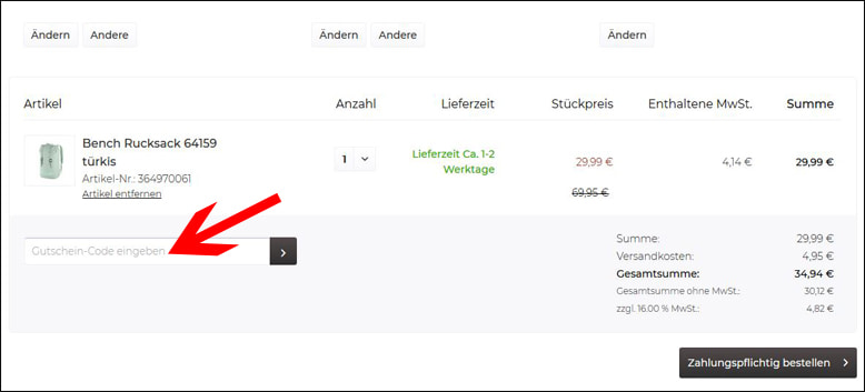 Hier kann der Gutscheincode eingetragen werden Den Koffer-Kopf Gutschein im Warenkorb einlösen