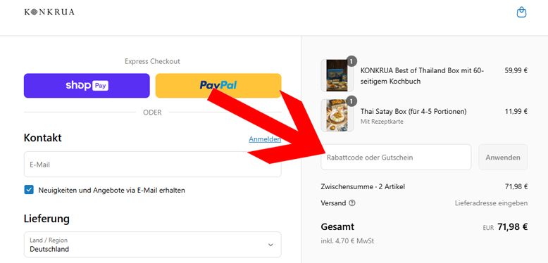 Gutscheincode an der Kasse einlösen KONKRUA Rabattcode an der Kasse eingeben