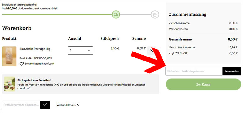 im Warenkorb den KoRo Gutschein anwenden Den KoRo Rabatt im Warenkorb anwenden