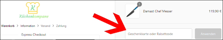 Gutscheincode hier eintragen Küchenkompane Rabattcode im ersten Bestellschritt einlösen