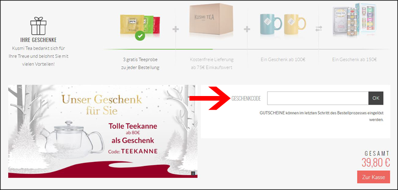 Deinen Gutscheincode gibst du hier ein Kusmi Tea Gutschein im Warenkorb einlösen