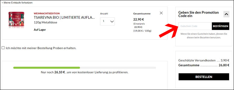 Code im Warenkorb eingeben Kusmi Tea Gutschein im Warenkorb einfügen.