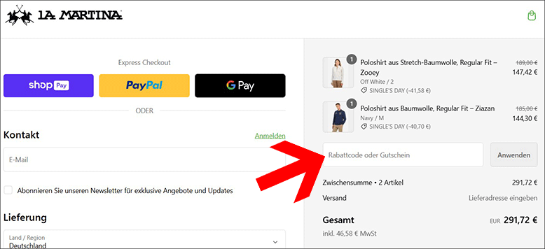 Den La Martina Gutscheincode an der Kasse einlösen Den La Martina Gutschein an der Kasse anwenden