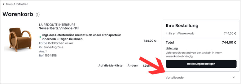 Code im Warenkorb eingeben La Redoute Gutschein im Warenkorb einfügen
