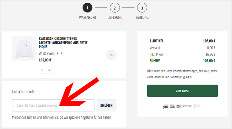 Code hier eingeben Lacoste Gutschein im Warenkorb einlösen