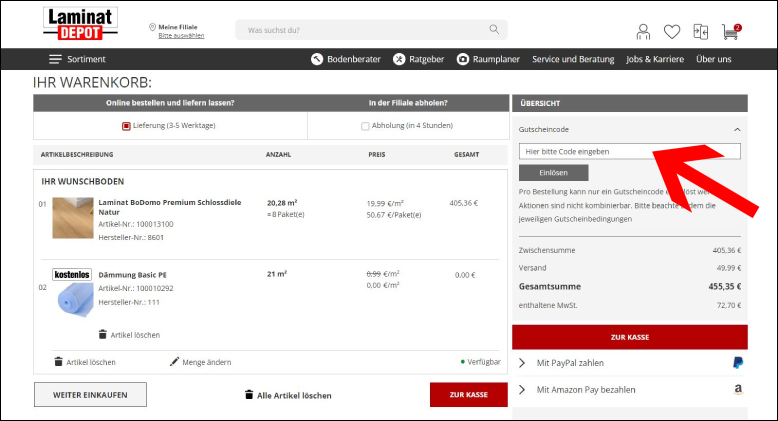 Den Gutscheincode im Warenkorb einlösen Laminat DEPOT Aktion im Warenkorb anwenden