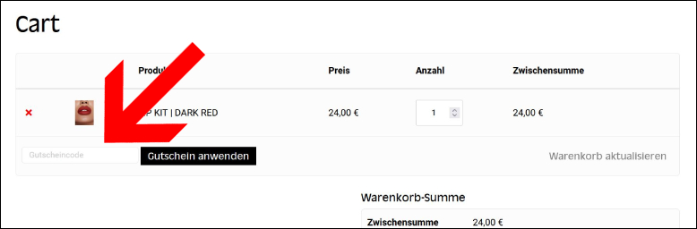 Den Gutscheincode kannst du direkt im Warenkorb eingeben Bitte den Lana Cosmetics Rabattcode im Warenkorb anwenden