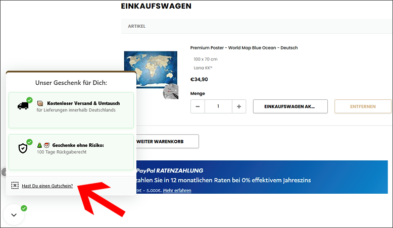 So wird der Lana KK Gutschein eingelöst Ein LanaKK Rabattcode wird im Warenkorb eingelöst