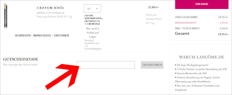 Einen Lancôme Coupon löst du im Warenkorb ein Den Lancôme Gutschein im Warenkorb einlösen